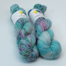 Load image into Gallery viewer, "Lily Pond" has a tonal base of light blue and green, with swathes and speckles of darker blue, purple, pink and yellow. Due to the vehement insistence of my daughter Amanda, "Lily Pond" is a part of our Spring colourways and can be paired with others from this collection.